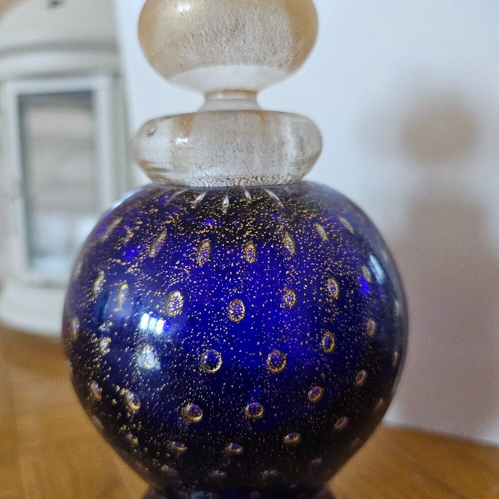Gambaro & Poggi Murano Controlled Bubble Blue Aventurine Large Perfume Bottle